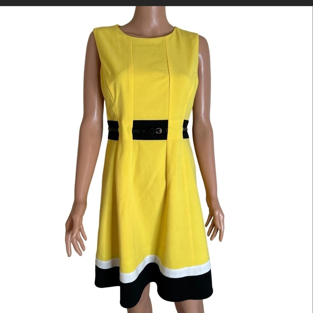 Calvin Klein Yellow Sleeveless Fit-and-Flare Dress with Black & White Trim